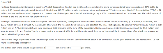 Merger Bid Hastings Corporation is interested in acquiring Vandell Corporation. Vandell has 1 million shares outstanding and