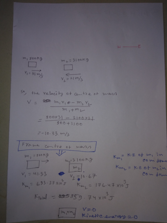 W- m, 8ookg m2=3lookg 11 - 31 m/ = 21 m/s So, the velocity of centre of mass. v = 200 m, n, o m , r mitm, 800X31 - 3100X2 900
