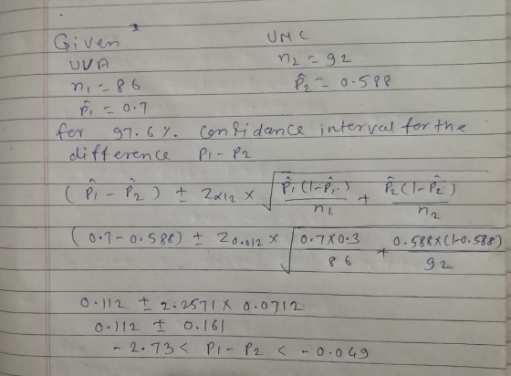 Given n2=92 UVA P2=0.588 ConPidam ce intervail for the PI- P2 for 97.6%. difteren ce ( Pi (0.1-0.588) t 20.012 X 0.588XC10.58
