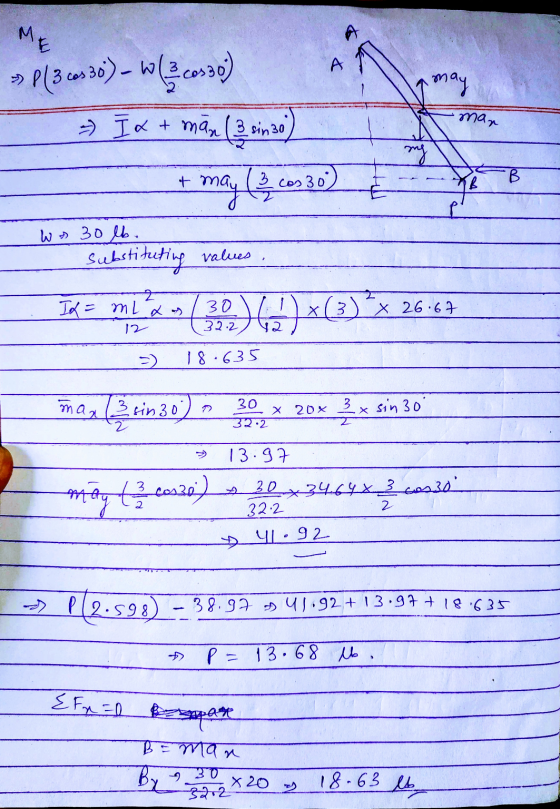 M E may mar p(346) Wil.com) - IR + + mān (3 sin 30) + may (3.60 30) my В B E W + 30 lb. Substituting values 2 Id = mla 12 30