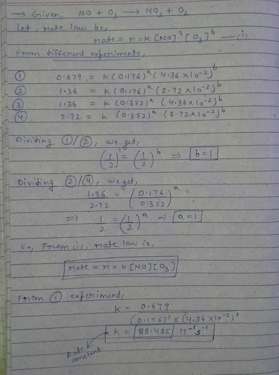 - Given, No + 0₂ No, to het, rate law be, I rate = n=k [No7 From tifferent experiments, ,76 0.679 = KC01176) 9 (4.36 x 10-20
