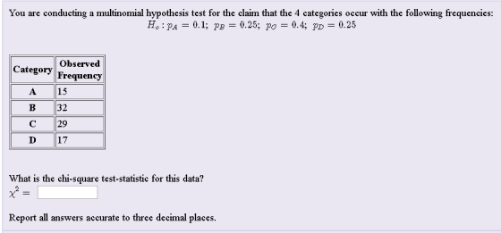 You are conducting a multinomial hypothesis test for the claim that the 4 categories occur with the following frequencies: Observed Category Frequency A 15 B 32 C 29 D 17 What is the chi-square test-statistic for this data? Report all answers accurate to three decimal places