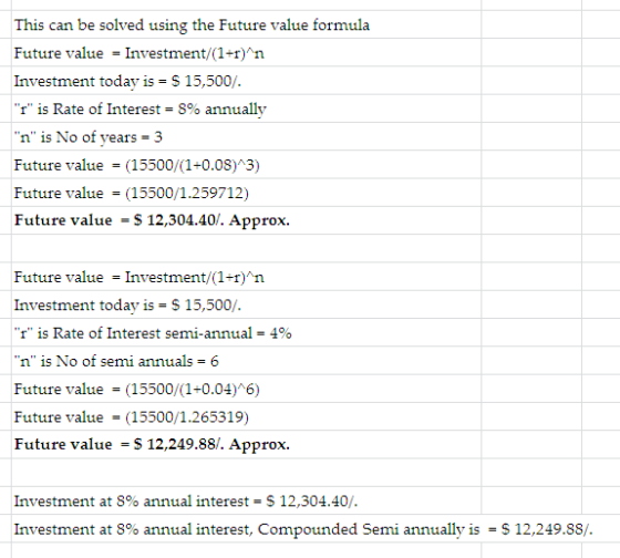 This can be solved using the Future value formula Investment today is S15,500/ r is Rate of Interest-8% annually n, is No o