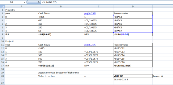 D8 F =SUM(D3:07) A B C D 1 Projects 2 year 3 0 pv@6.75% Cash flows -1025 650 1 4. 1 5 2 450 250 50 =IRR(B3:37) 6 3 74 Present
