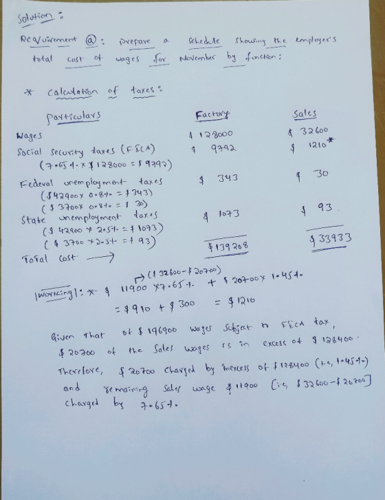 solution : employers Requirement @ : prepare total cost of wages a for schedule Showing the November by fonction: § 1210* $