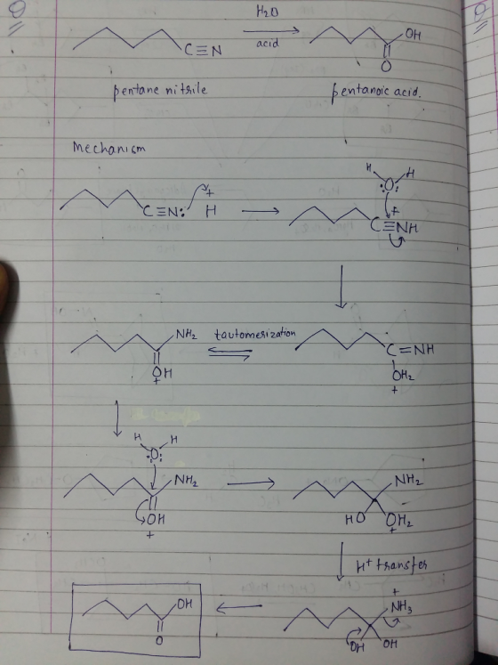 H2O OH CSN acid - pentane nitrile bentanoic acid. Mechanism - Ha H Ato CEN: H CΞΝΗ -NH₂ Y OH tautomerization sa C=NH OH₂ H N