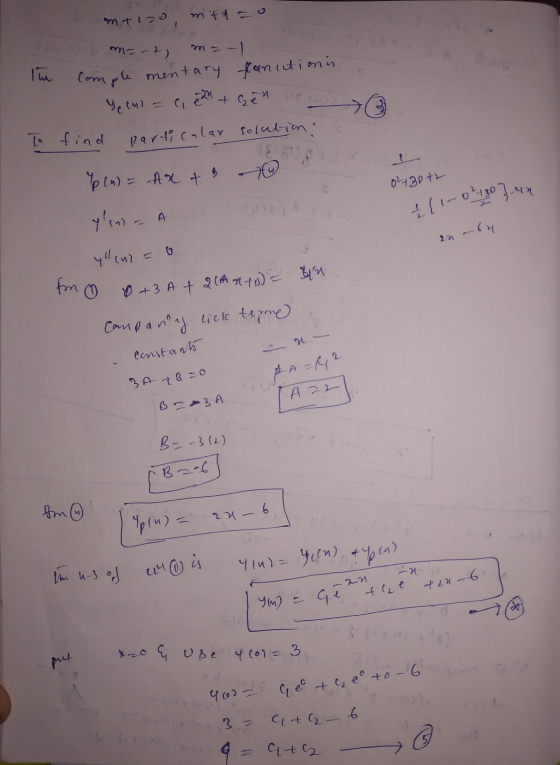 mtizo mitt = 0 Im m = -2, ma-1 Complementary ffon utinis Yeni = C, e24 + Gen To find particular solution: p (n) = Axts y 024