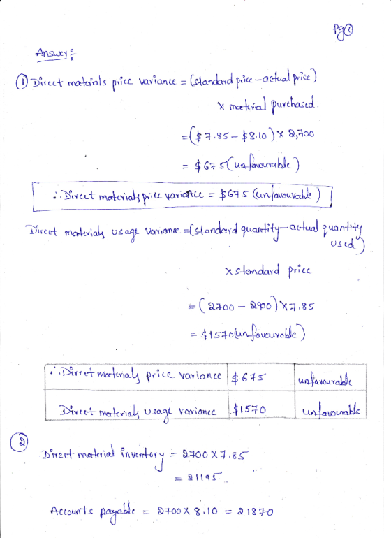 Answer of Direct materials price variance = (standard price-actual priec) .X material purchased. =($7.85 - $8.60 ) x 2,700 =