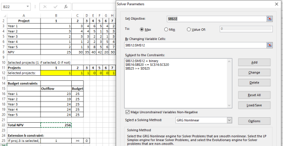 Solver Parameters х B22 B Set Objective: SB522 To: O Max Min O Value of: А 2 Project 3 Year 1 4 Year 2 5 Year 3 6 Year 4 7 Ye