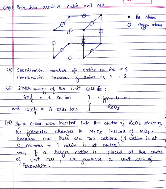 Date _OK@ ReDz_har premitive Cubic Unit cell Re atoms о одд atoms number of cation Re = 6 anion io (b) Coordinaton = 2 Coordi