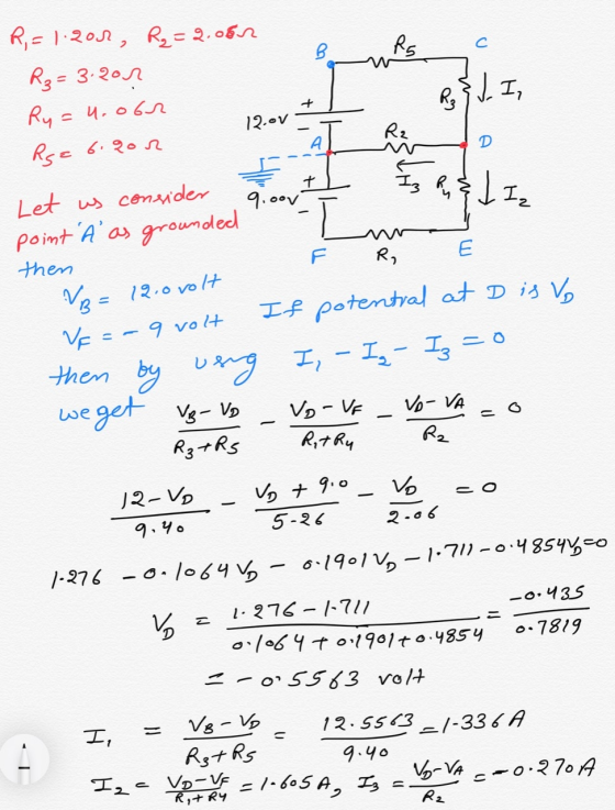 RE). 201, R=2.05.2 R₂= 3.200 с R5 B M R3 + J. I, 12.00 Ry = 4.obr Rg= 6.900 R2 A D t R & J Iz 9.00v Let us consider point A a