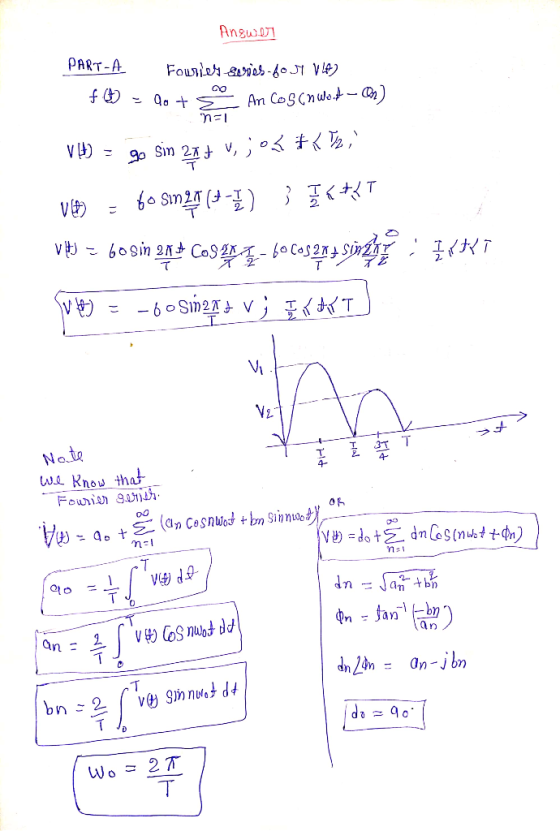 Answer PART-A Fouries svies-for VLE) . f4 = dote An Cos cnwood On) n=1 VB) = go sin 29+ v, ; 03 *< T;) Vety = fo Sin 29 (4-3)