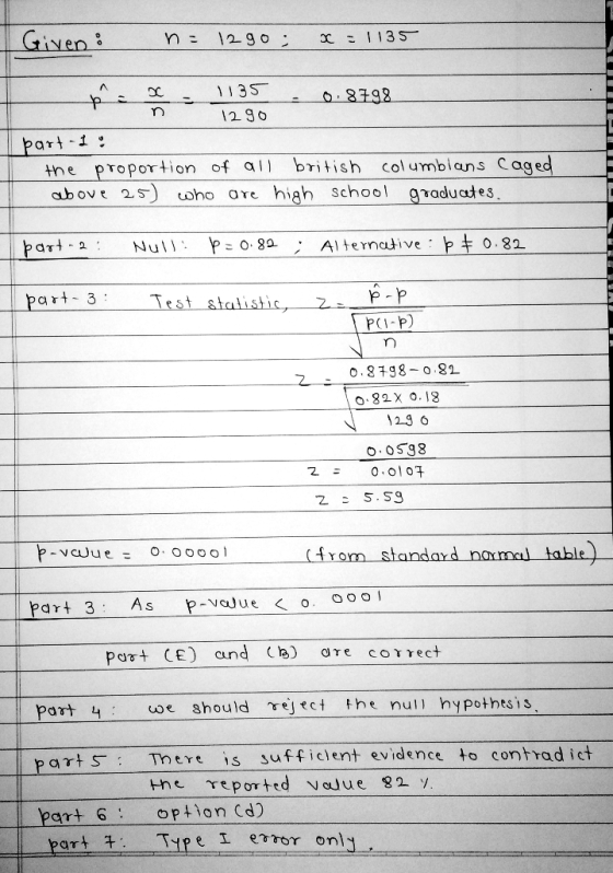 I Given : n= 12go; x = 1135 1135 0.8798 n 1290 part-lo the proportion of all british Columbians Caged above 25) who are high