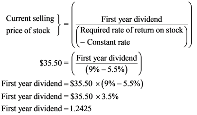 Current selling
First year dividend
price of stock Required rate of return on stock
- Constant rate
$35.50 =
First year divid