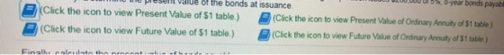 - PCO value of the bonds at issuance. (Click the icon to view Present Value of $1 table.) Click the icon to view Present Valu