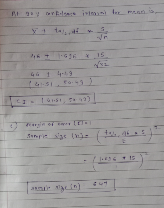 At 9o% ConAdence intenve tor mean is 46 t 1696 1S 46 t 4.49 (41.51, 50.49) (41.51, 50.4 CI margin of eror (E) = 15 Sample siz