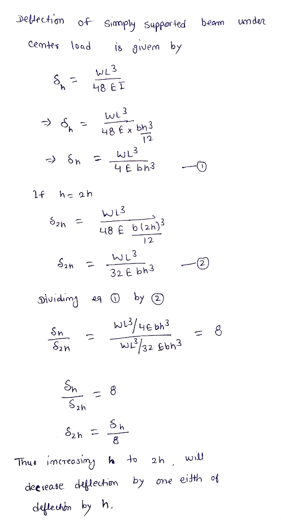 Dellection of Smply Suppor ted umden beam centes load is gwem by 48 ET 48€x Ьh3 WL3 Sn ЧЕ БЪЗ h 2h 1f 52h 48 E b(2h)3 2 WL3 S