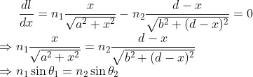 \frac{dl}{dx}=n_1\frac{x}{\sqrt{a^2+x^2}}-n_2\frac{d-x}{\sqrt{b^2+(d-x)^2}}=0\\ \Rightarrow n_1\frac{x}{\sqrt{a^2+x^2}}=n_2\frac{d-x}{\sqrt{b^2+(d-x)^2}}\\ \Rightarrow n_1\sin\theta_1=n_2\sin\theta_2