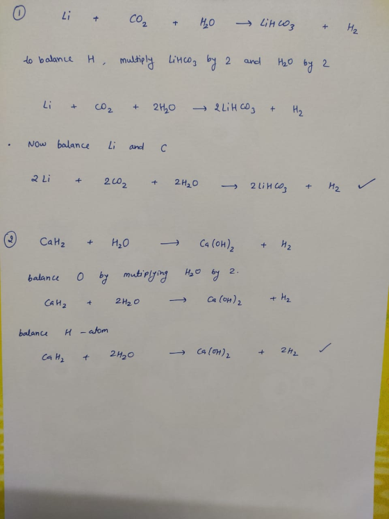 0 Li & Co & H2O → Litcoz & H₂ to balance H, multiply Linco, by 2 and H2O by 2 Li + CO2 + 2H₂O 2 Lit CO₂ + H₂ Now balance Li a