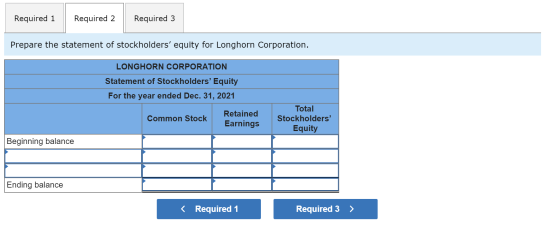 Required 1 Required 2 Required 3 Prepare the statement of stockholders equity for Longhorn Corporation. LONGHORN CORPORATION