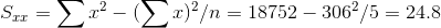 S_{xx} = \sum x^2 - (\sum x)^2/n = 18752 - 306^2/5 = 24.8