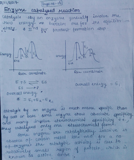 9/11/ 2017 Page no-ol) Enzyme catalysed Meaction catalysis cby an enzyene genually en two energy on barrier one for the equ s