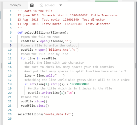 main.py saved data in the file 1 12 june 2015 Jurassic World 1670400637 Colin Trevorrow 2 13 Aug 2015 Test movie 123001340 Te