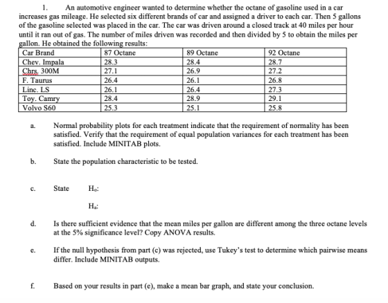An automotive engineer wanted to determine whether the octane of gasoline used in a car increases gas mileage. He selected si