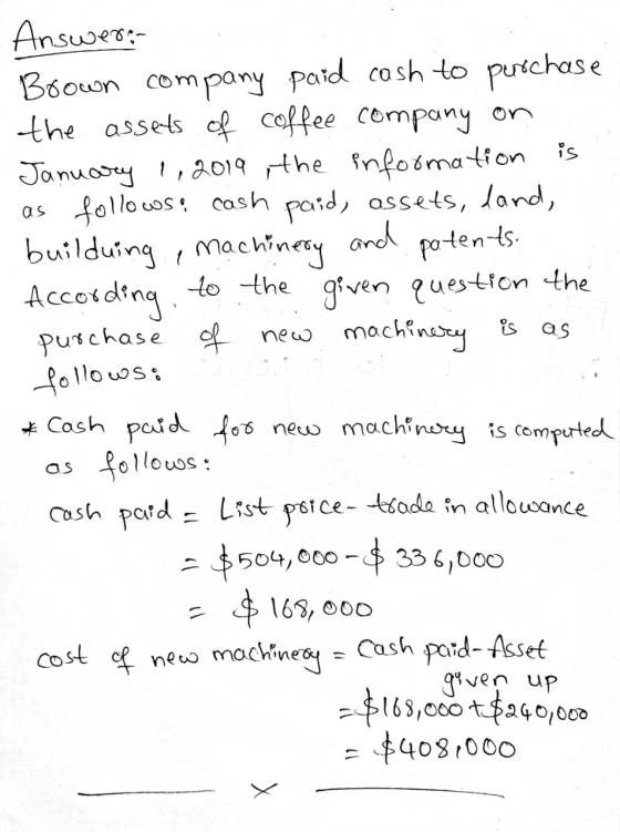 nsUeo Answere Brown company paid cash to purchase the assets of coffee company on . January 1, 2019 , the information is as f