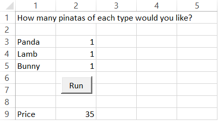 4 5 4 3 2 1 How many pinatas of each type would you like? 3 Panda 4 Lamb 5 Bunny Run 9 Price 35