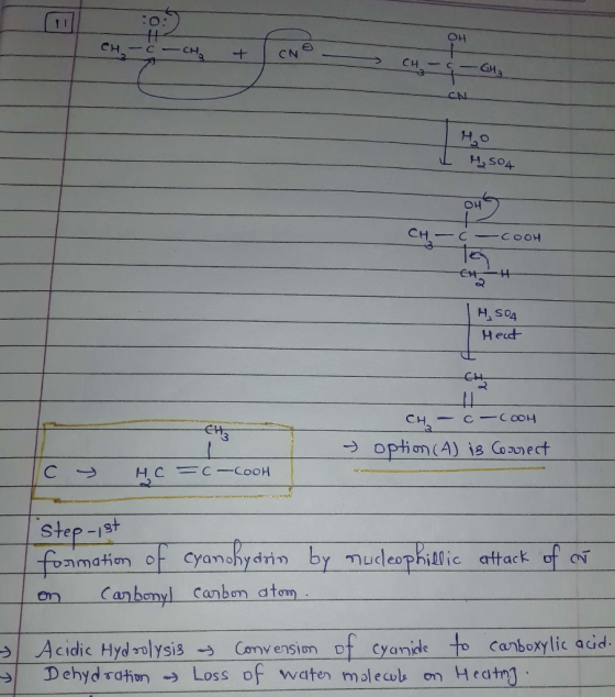 OH CH U - CM . + - GH TH I H₂SO4 OH - cooH HSOA Heat CH- C-C004 I(A) is correct Icy HC=c-cooH Step-1st formation of cyanohydr
