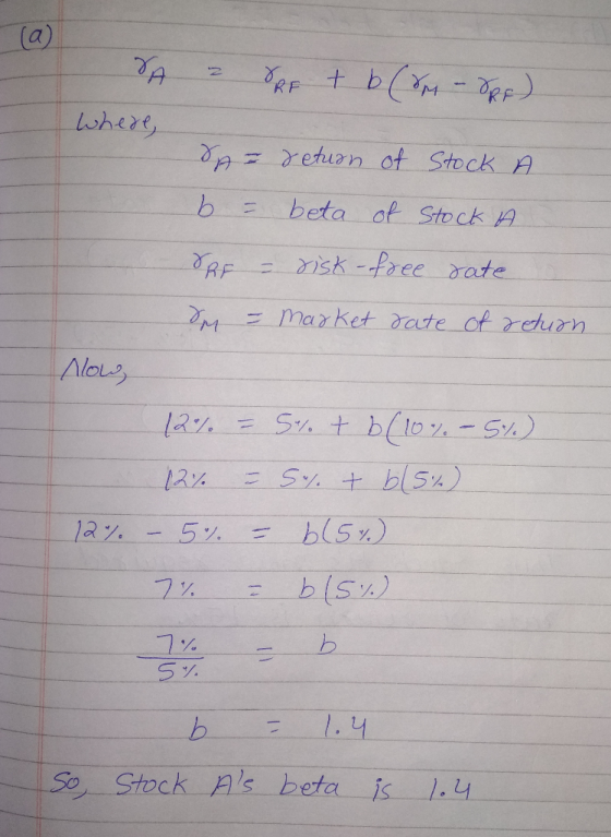 VA - ORF + b(rr - SRF). where, 8A= return of Stock A b = beta of Stock A SRF – risk-free date de = market rate of return رقیا
