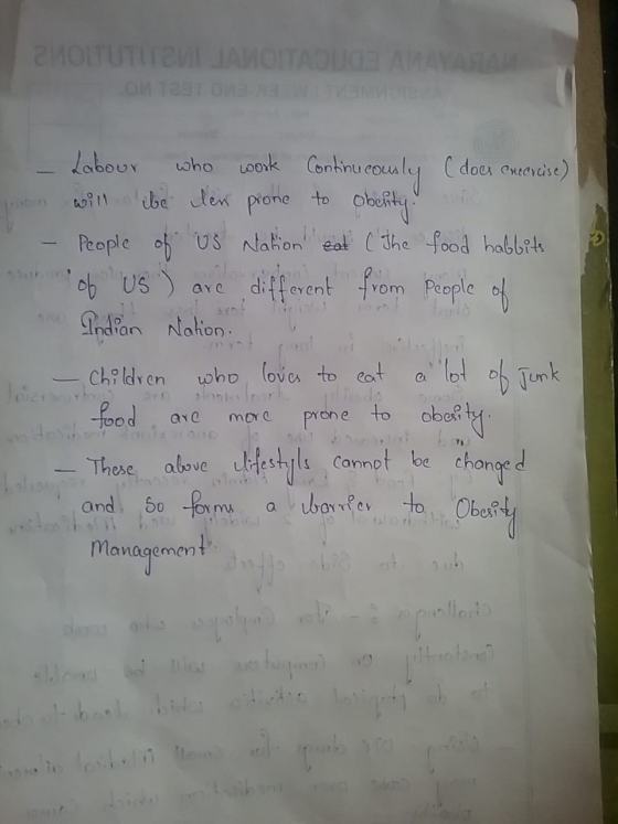 MOITUTIBVIJAMOITADUGE AMAVARAM OM 11 OBTENIE - Labour who work Continucously (does encercise) will be len prone to obeuty. -