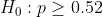 H_{0}: p\geq 0.52