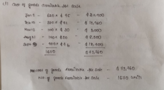 ch cost of goods available for sale Jan 1 - 620 * 4 45 - Bebo - Spor 42 - Mart3 - 100 4 80 Aug21 - HOX $50 Spr - 400* 646 161