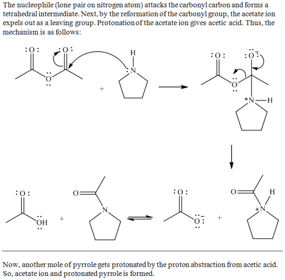 The nucleophile (lone pair on nitrogen atom) attacks the carbonyl carbon and forms a tetrahedral intermediate. Next, by the r