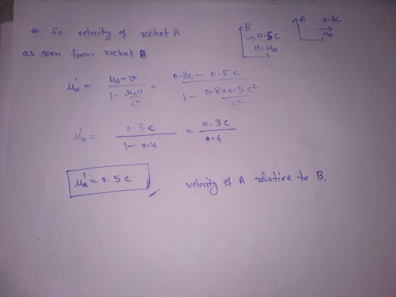 0.8c B yo.be velocity of rocket A as seen from rocket B v=M3 MA MA-v | Mall Op 8x0.5 c² 0.3c D. 3e MA=0.50 velocity of a rela