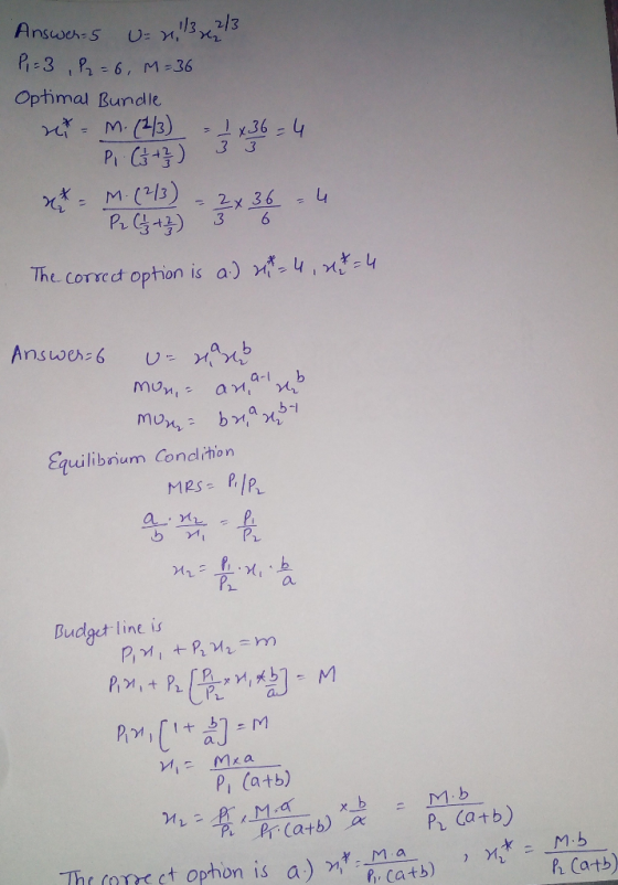 Answer=5 U= 2,13 2/3 Pi=3, P2 = 6, M=36 Optimal Bundle net = M. (2/3) = 1x36 = 4 Pi. C +2) 33 x = M. (2/3) = 2x36 = 4 P2 (3+2