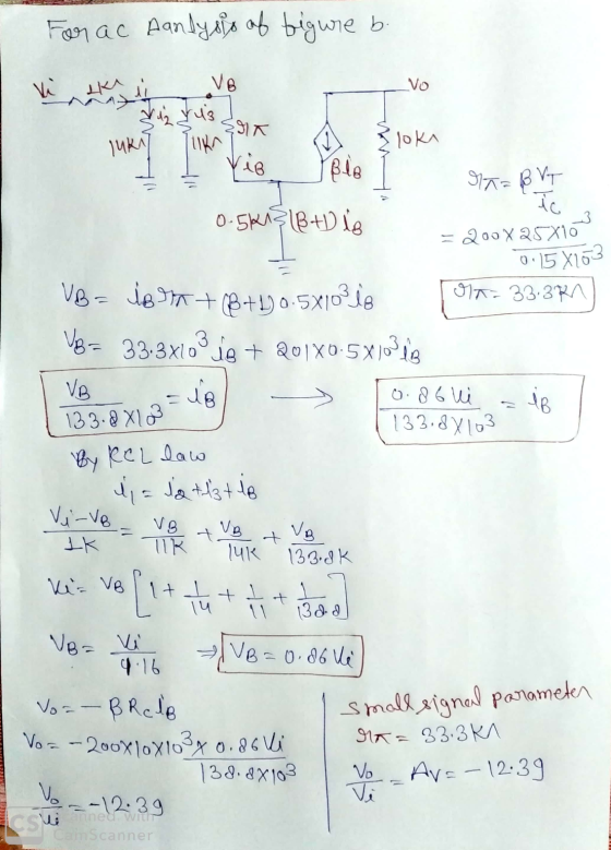 For ac Aanlysis of figure b vi ki VB Vo yuz yug ENK 10kA/ loku LUKA Vio 1848 ra= BUT ło 0.5613 ( BD is = 200 x 25x10 0.5X163