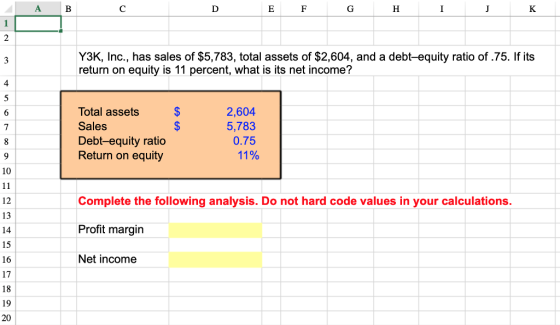 Y3K, Inc., has sales of $5,783, total assets of $2,604, and a debt-equity ratio of .75. If its return on equity is 11 percent, what is its net income? 4 Total assets Sales Debt-equity ratio Return on equity 2,604 5,783 0.75 11% 10 Complete the following analysis. Do not hard code values in your calculations Profit margin Net income 12 14 15 16 19 20