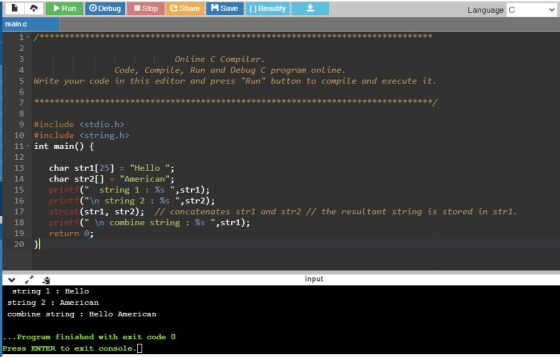 Run Debug Stop Share Save {}Beautify Language C main.c *********** ************** 1 2 3 Online C Compiler. 4 Code, Compile, R