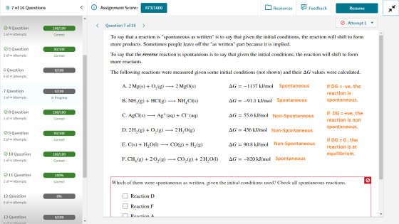 7 of 16 Questions Assignment Score: 873/1600 Resources Feedback Resume Question 7 of 16 > Attempt 1 - 100/100 4 Question 1 of