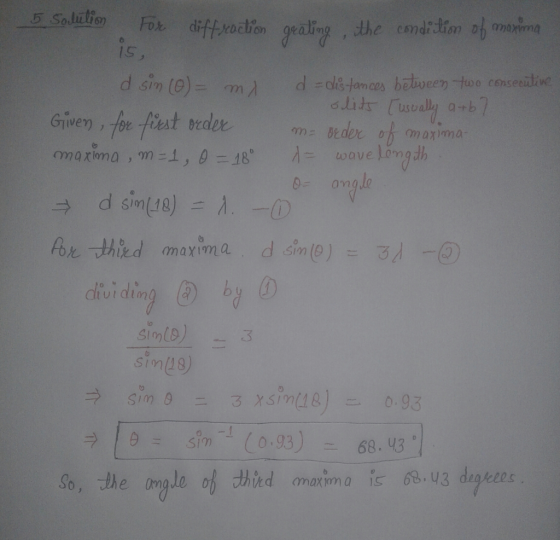 5 Solulim os For diffraction gealing the condition of marina d sin (0)= mi d = distances between two consecutive slits Tusual
