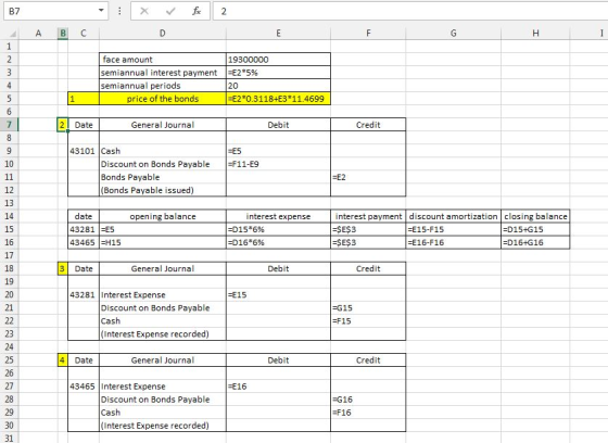 B7 A B C face amount semiannual interest payment semiannual periods 19300000 |-E2*5% 20 price of the bonds E230.3118+E3 11.46