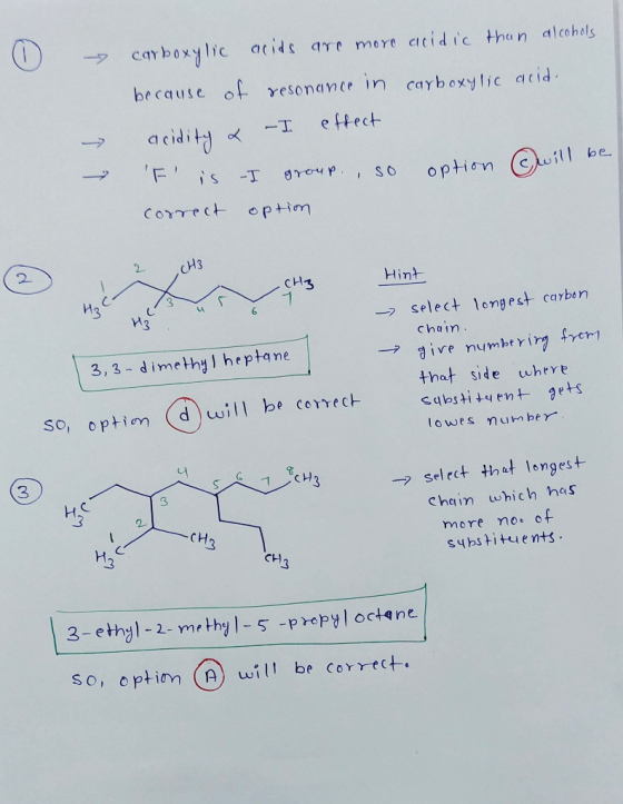 → carboxylic acids are more acidic than alcohols because of resonance in carboxylic acid. acidity & -I effect option Cwill be