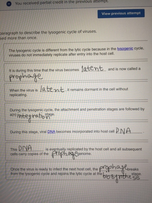 You received partial credit in the previous attempt View previous attempt paragraph to describe the lysogenic cycle of viruse