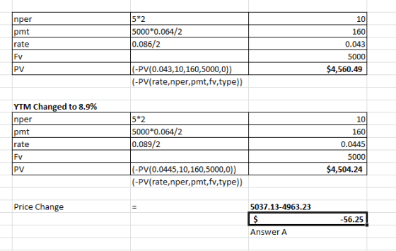 10 nper pmt rate 5*2 5000*0.064/2 0.086/2 160 0.043 5000 $4,560.49 PV (-PV(0.043,10,160,5000,0)) (-PV(rate, nper,pmt,fv, type