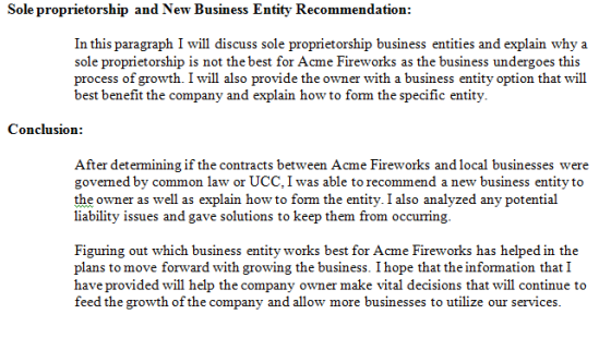 Sole proprietorship and New Business Entity Recommendation: In this sole proprietorship is not the best for Acme Fireworks as