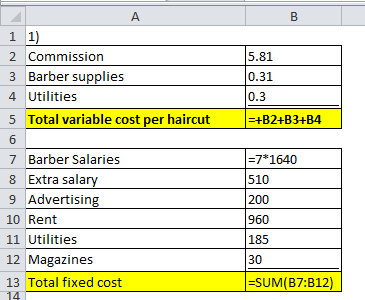 А 1 1) 2 Commission 3 Barber supplies 4 Utilities 5 Total variable cost per haircut 5.81 0.31 0.3 |=+B2+B3+B4 6 7 Barber Sala