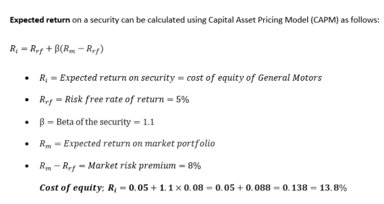 Expected return on a security can be calculated using Capital Asset Pricing Model (CAPM) as follows: Ri = Rpf + B(Rm – Rxf) .